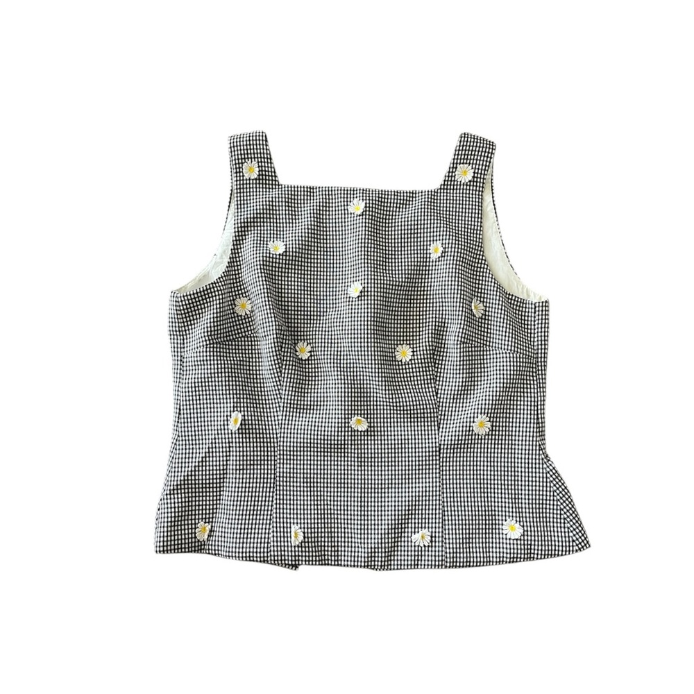Vintage gingham black and white Embroidered square neck sleeveless Top size 10